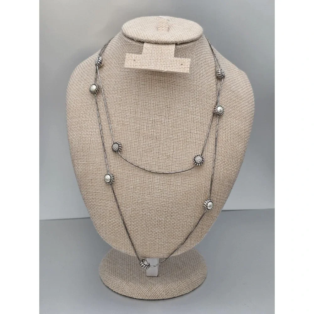 Vtg BRIGHTON Signed Faux Pearl Station Necklace Reversible Snake Chain 40